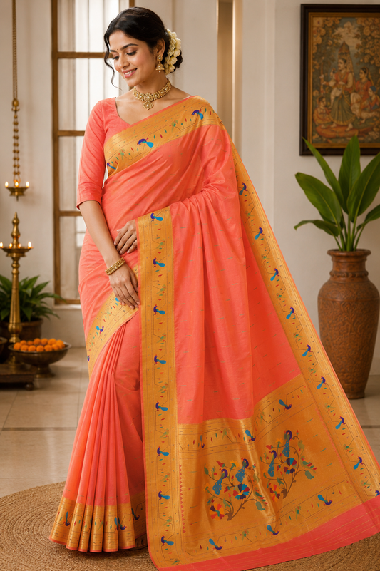 Peach Pink Tota Maina Border Paithani