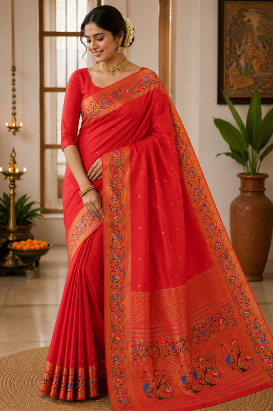 Crimson Red Mayur Chakra Paithani