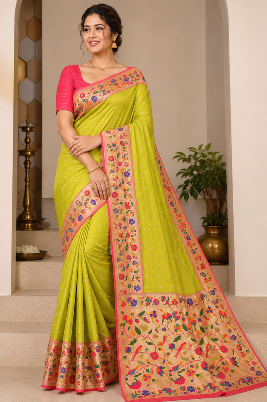 Parrot Green Skirt Border Premium Paithani
