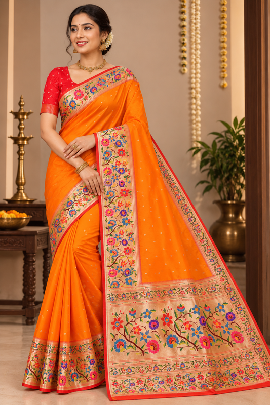 Kesari Orange Skirt Border Premium Paithani