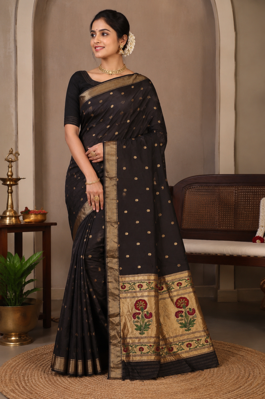 Jet Black Munga Paithani