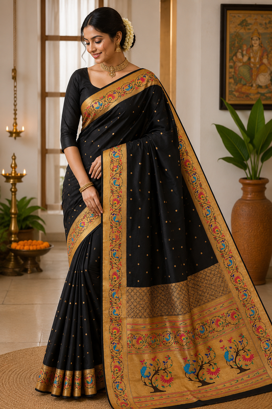 Jet Black Mayur Chakra Paithani