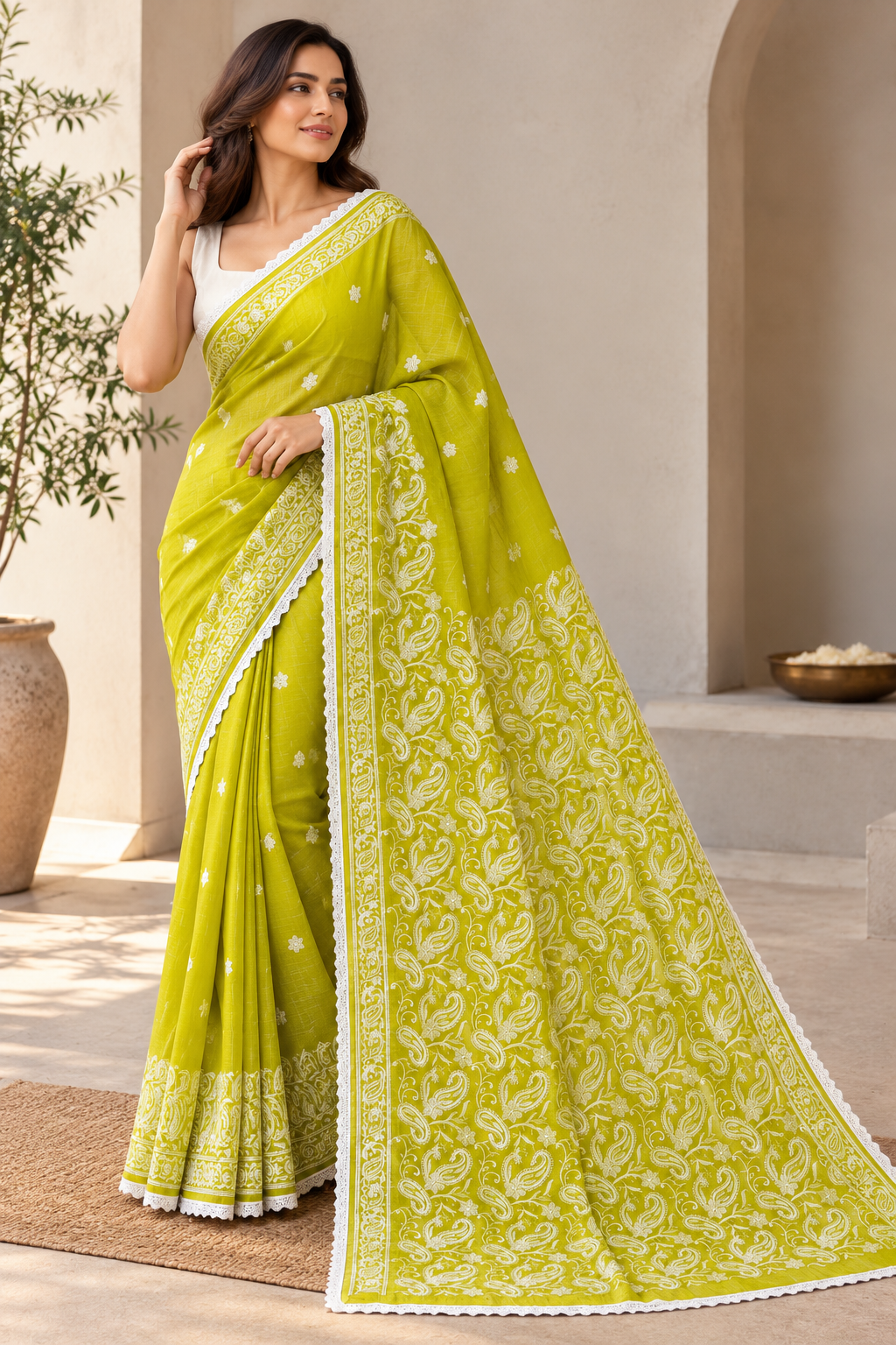 Parrot Green Chikankari Mulmul Saree