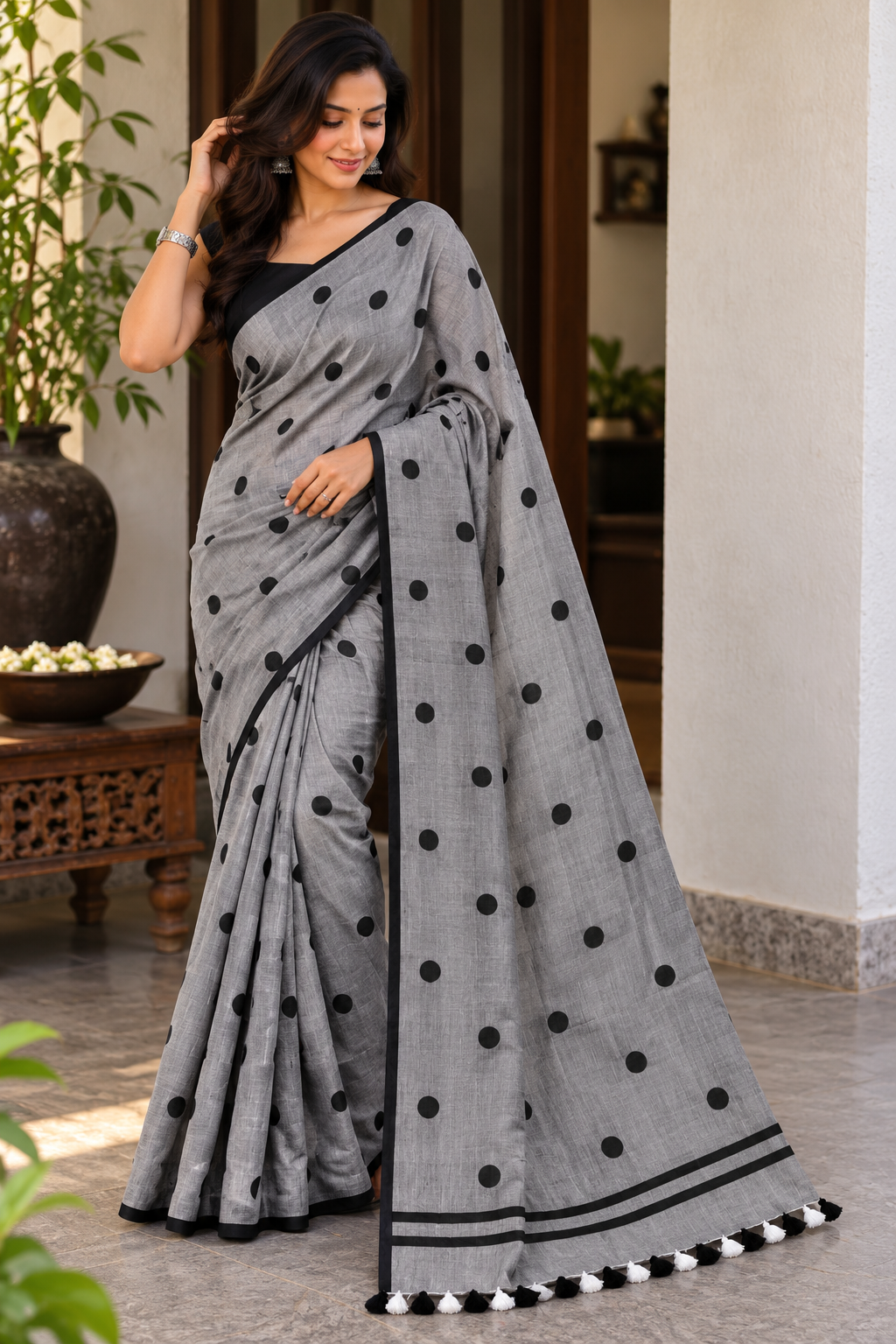Grey Polka Dot Pure Mulmul Saree