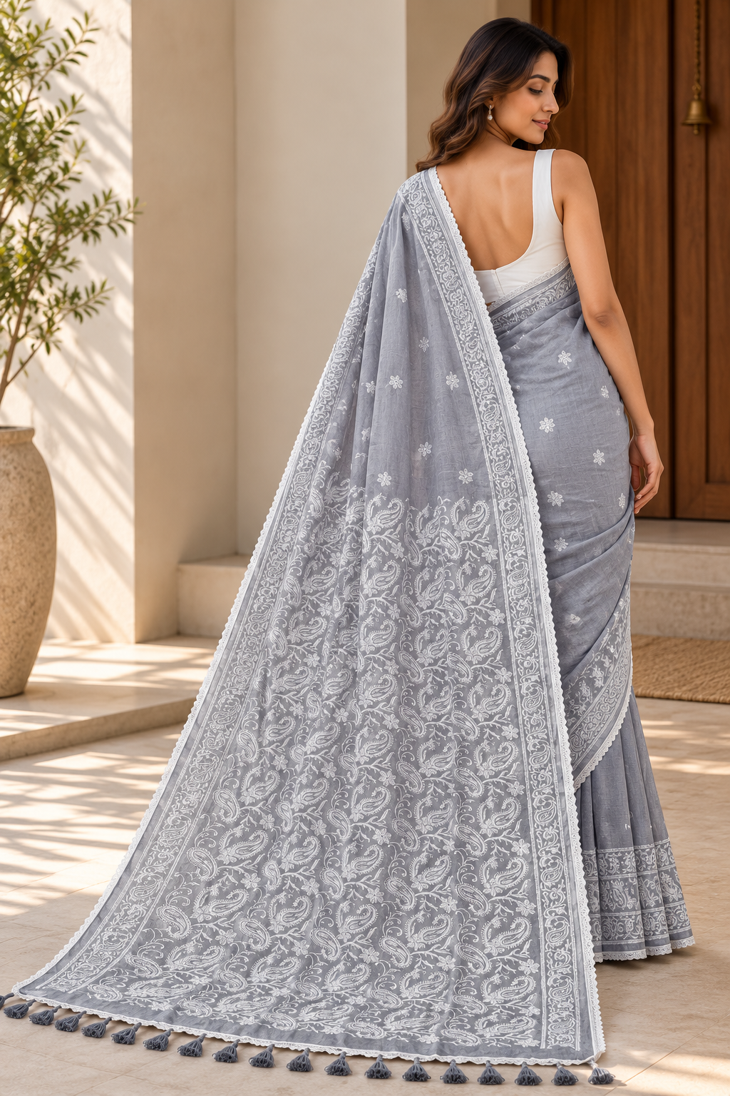 Grey Chikankari Mulmul Saree