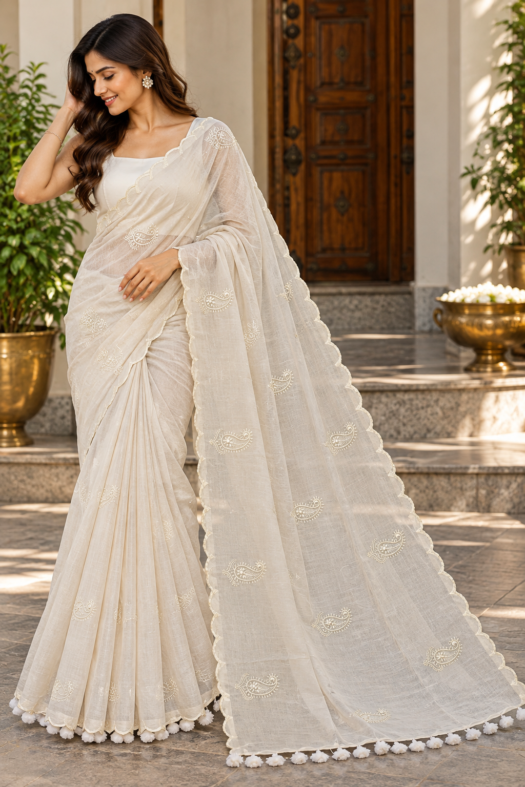 Ivory White Embroidered Pure Mulmul Saree