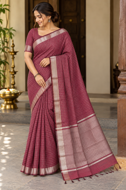 Rust Maroon Checks Maheshwari Saree