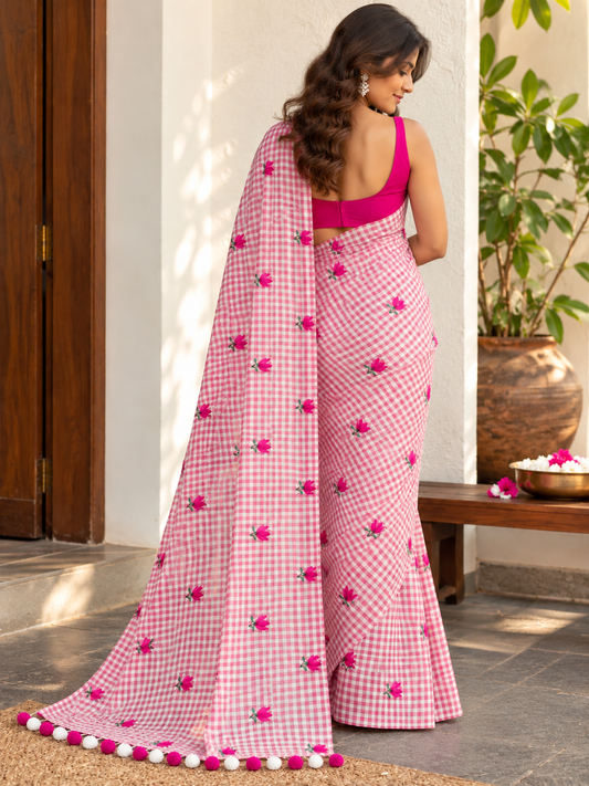Dusty Rose Check Mulmul Saree