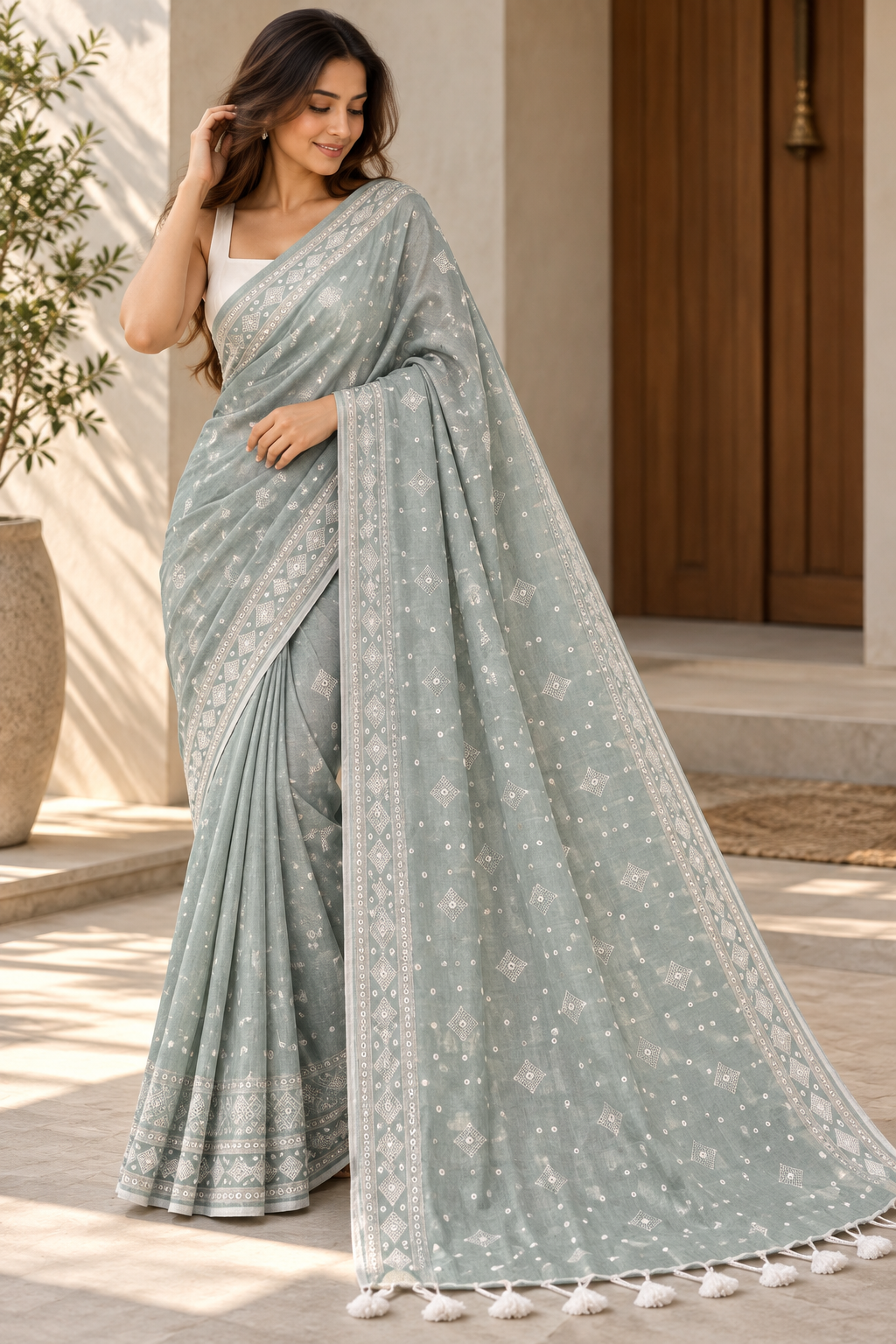 Sage Green Mirror Embroidery Mulmul Saree