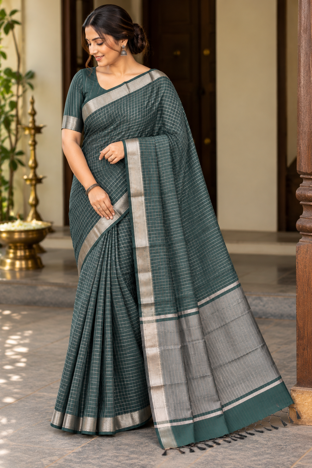 Bottle Green Checks Maheshwari Saree