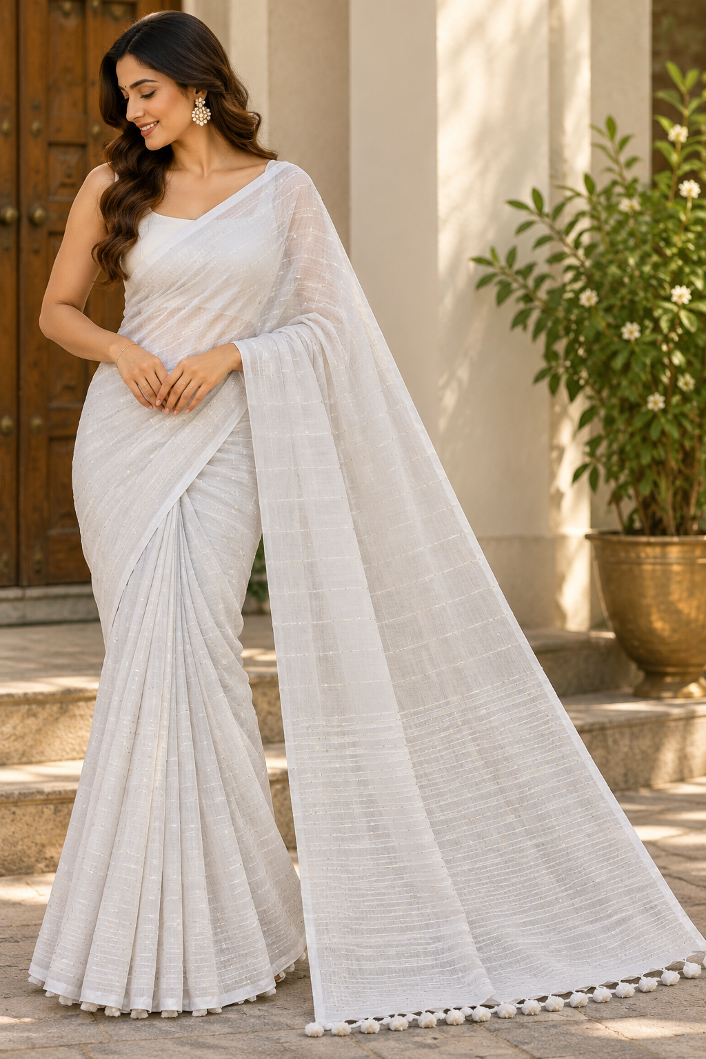Ivory White Sequins Pure Mulmul Saree