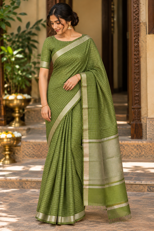 Olive Green Checks Maheshwari Saree