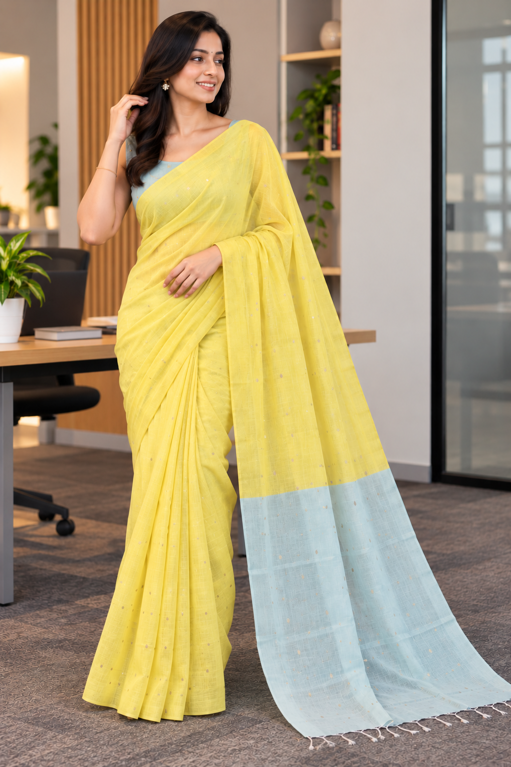 Lemon Yellow & Cyan Contrast Maheshwari Saree