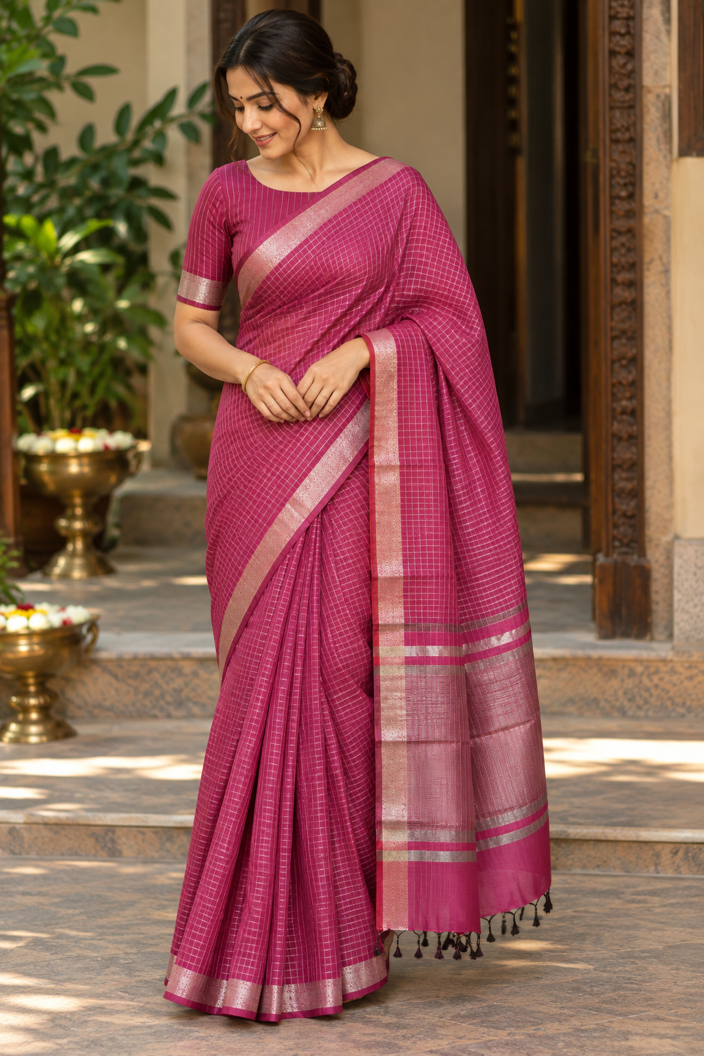 Deep Magenta Checks Maheshwari Saree