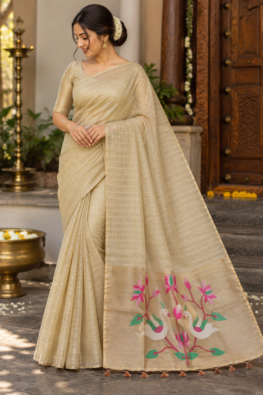 Champagne Beige Pallu Cotton Saree