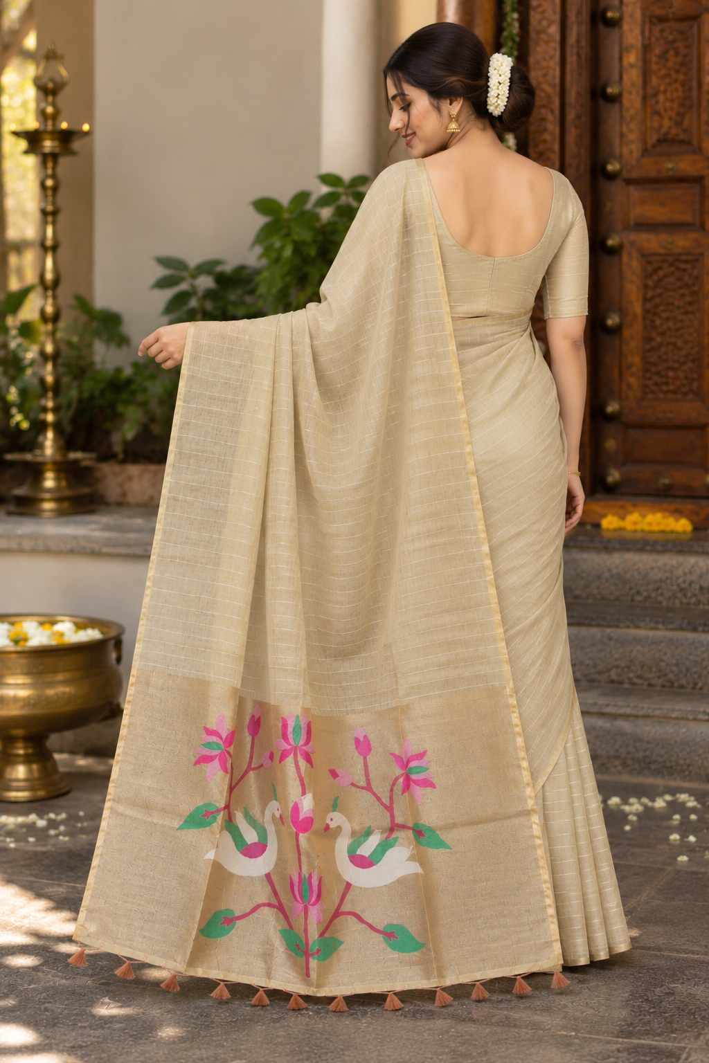 Champagne Beige Pallu Cotton Saree