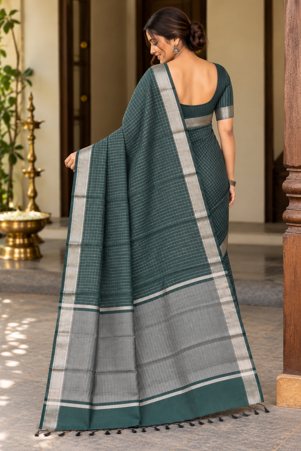 Bottle Green Checks Maheshwari Saree