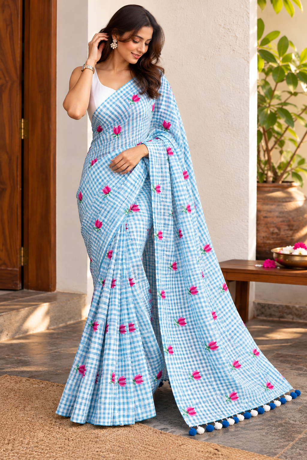 Sky Blue Rose Check Mulmul Saree