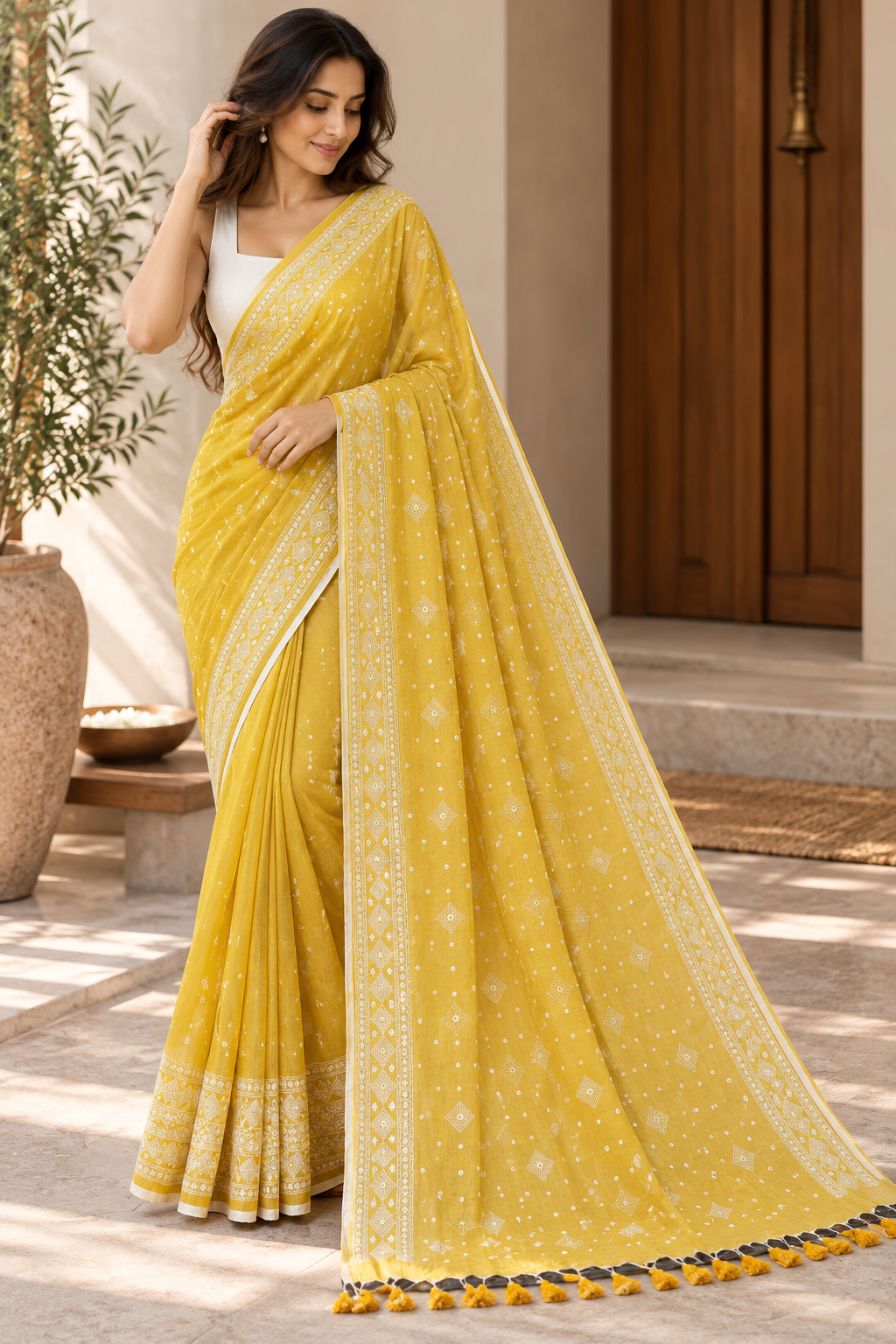 Mustard Gold Mirror Embroidery Mulmul Saree