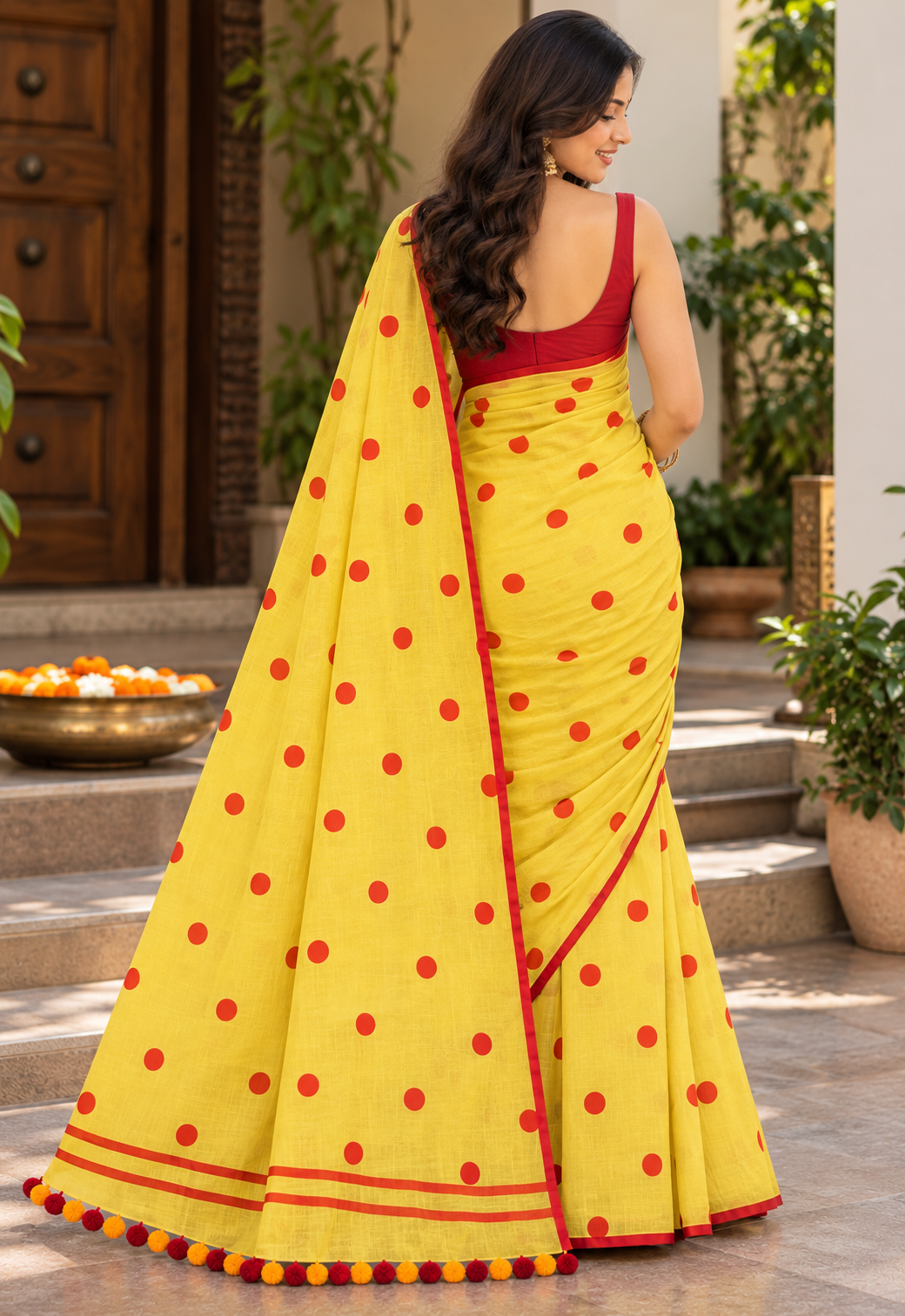Neon Yellow Polka Dot Pure Mulmul Saree