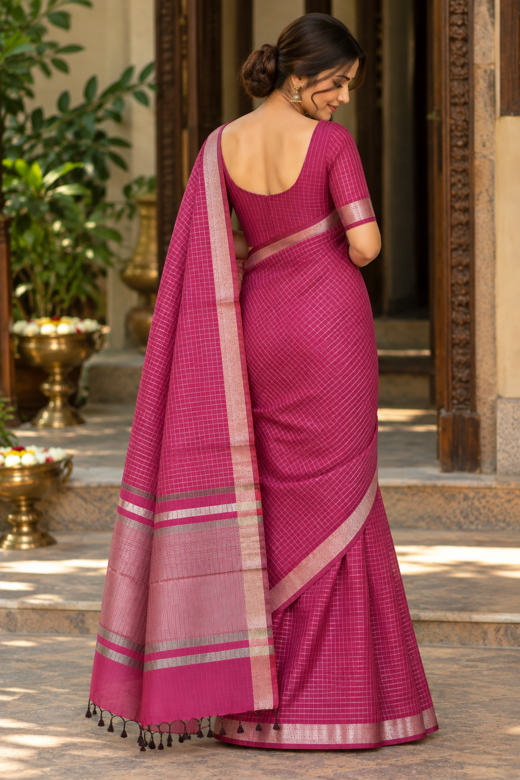 Deep Magenta Checks Maheshwari Saree