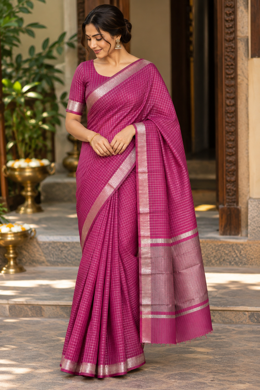 Rani Pink Checks Maheshwari Saree