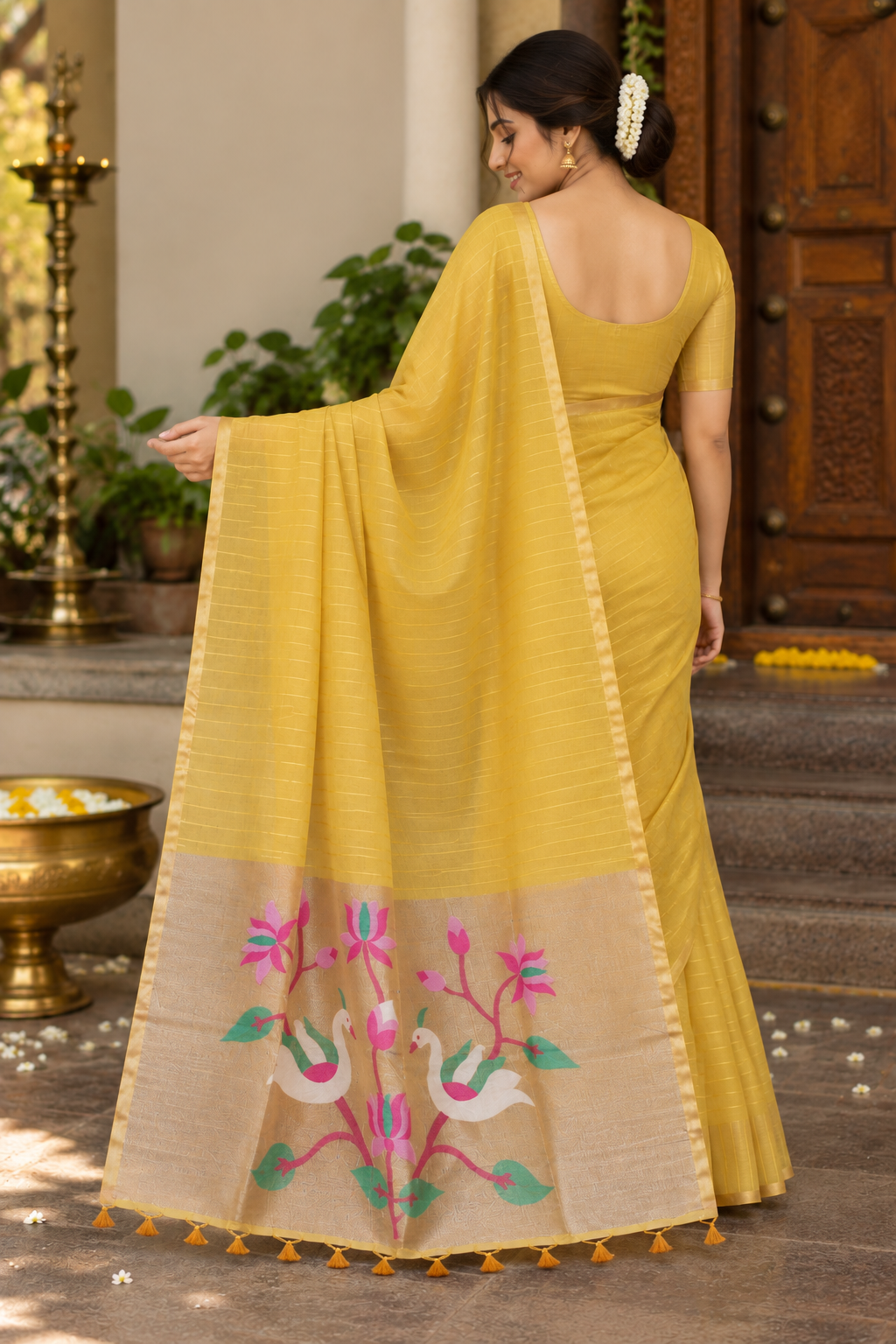Mustard Yellow Tissue Pallu Cotton Saree