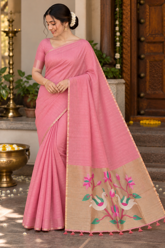 Rose Pink Tissue Pallu Cotton Saree