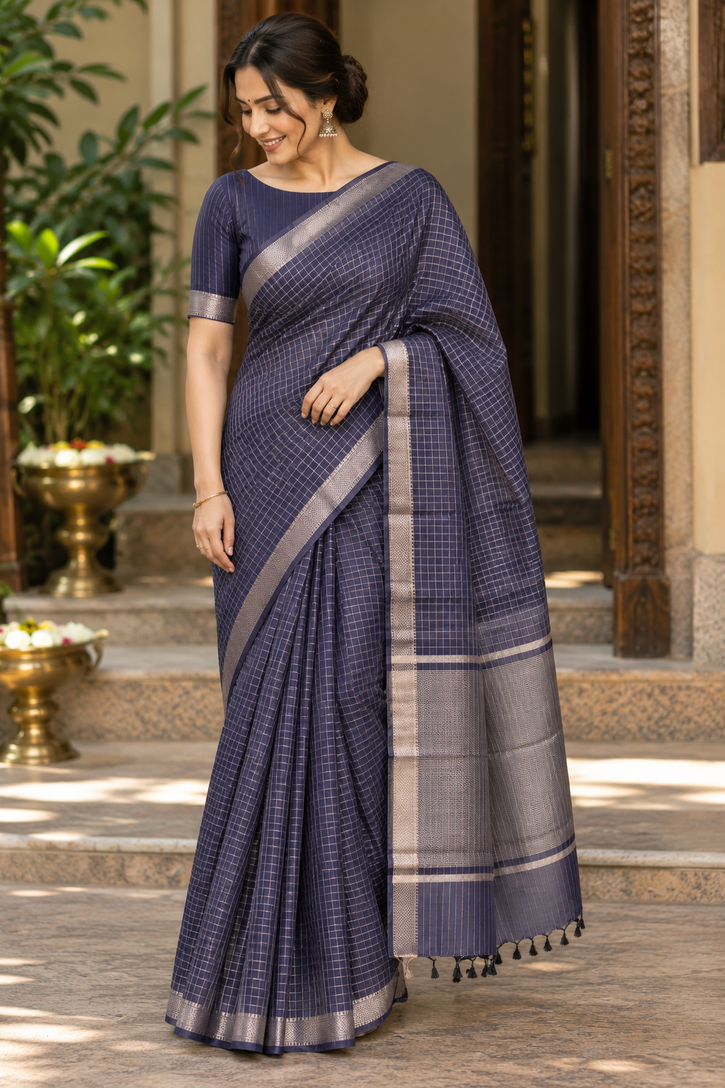 Navy Blue Checks Maheshwari Saree