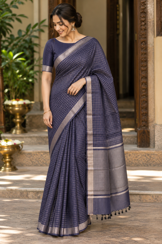 Navy Blue Checks Maheshwari Saree