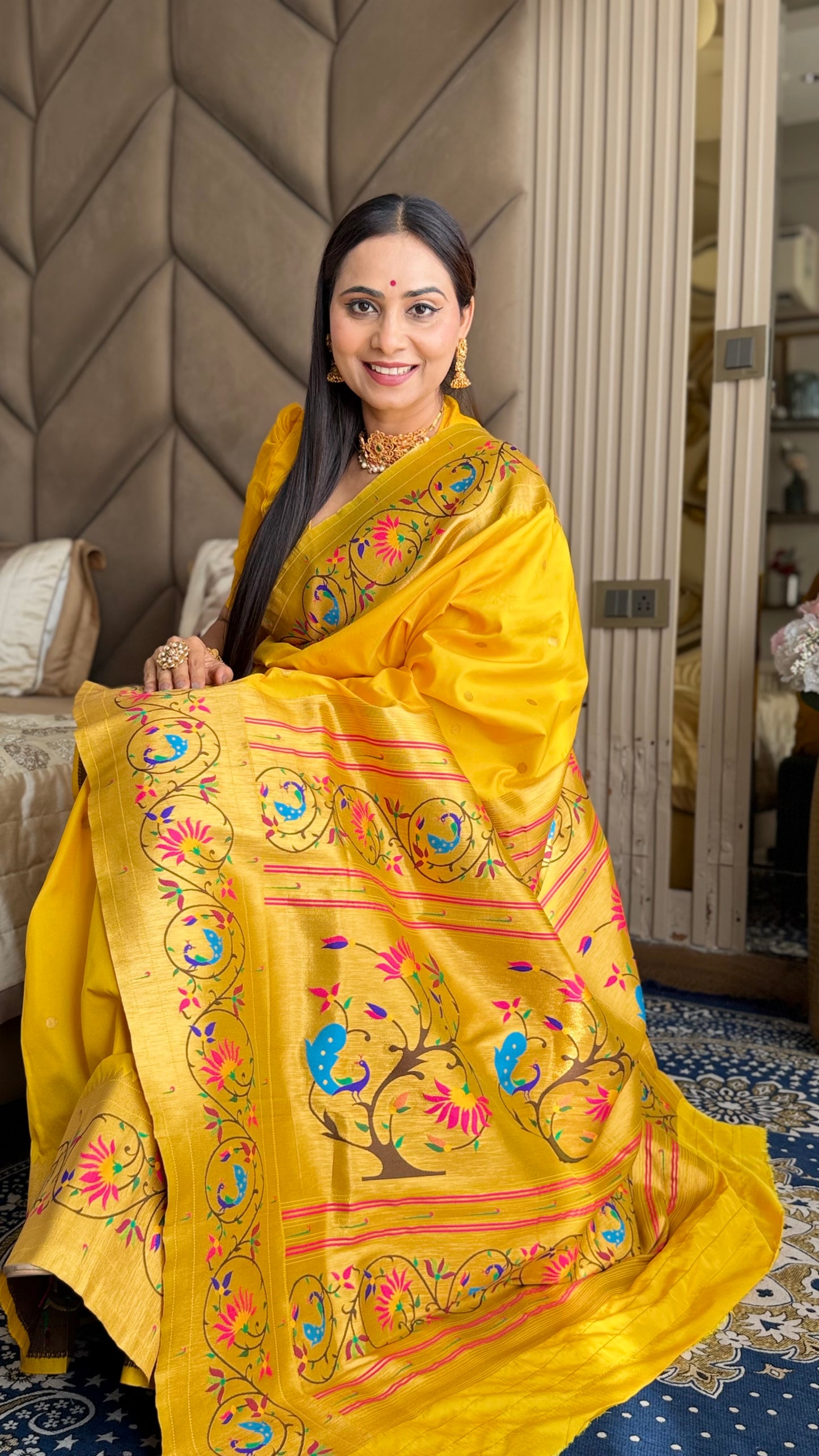 Sunshine Yellow More Lotus Border Paithani Saree