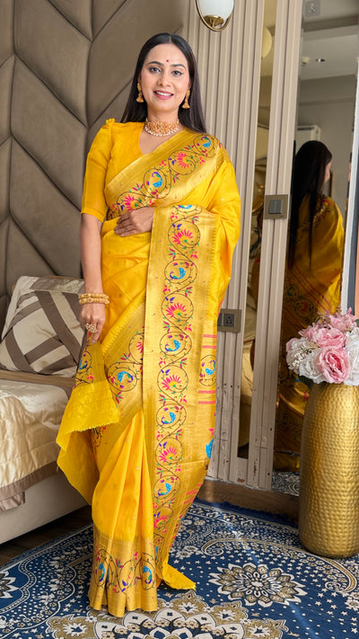 Sunshine Yellow Mayur Chakra Paithani