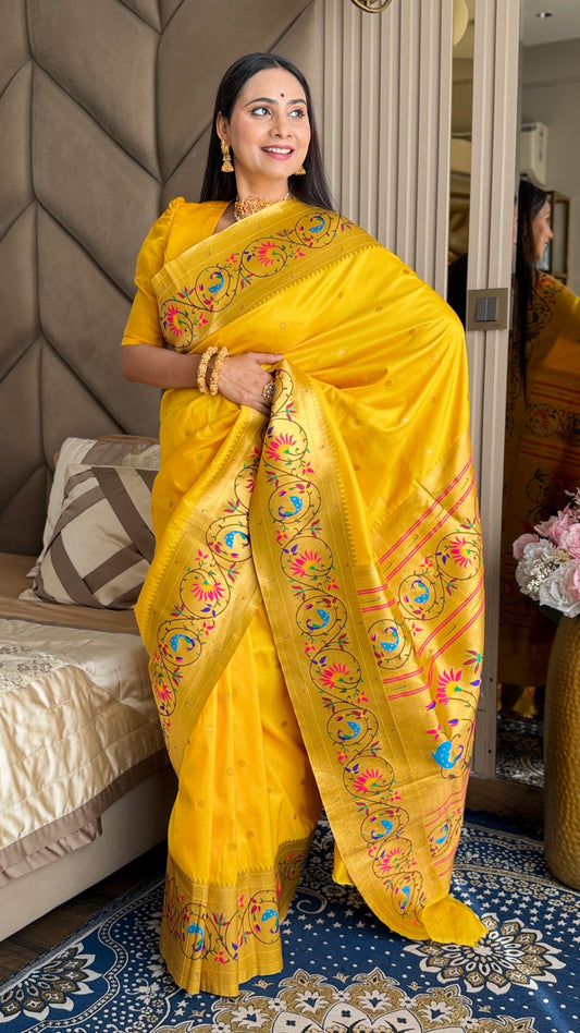 Sunshine Yellow Mayur Chakra Paithani