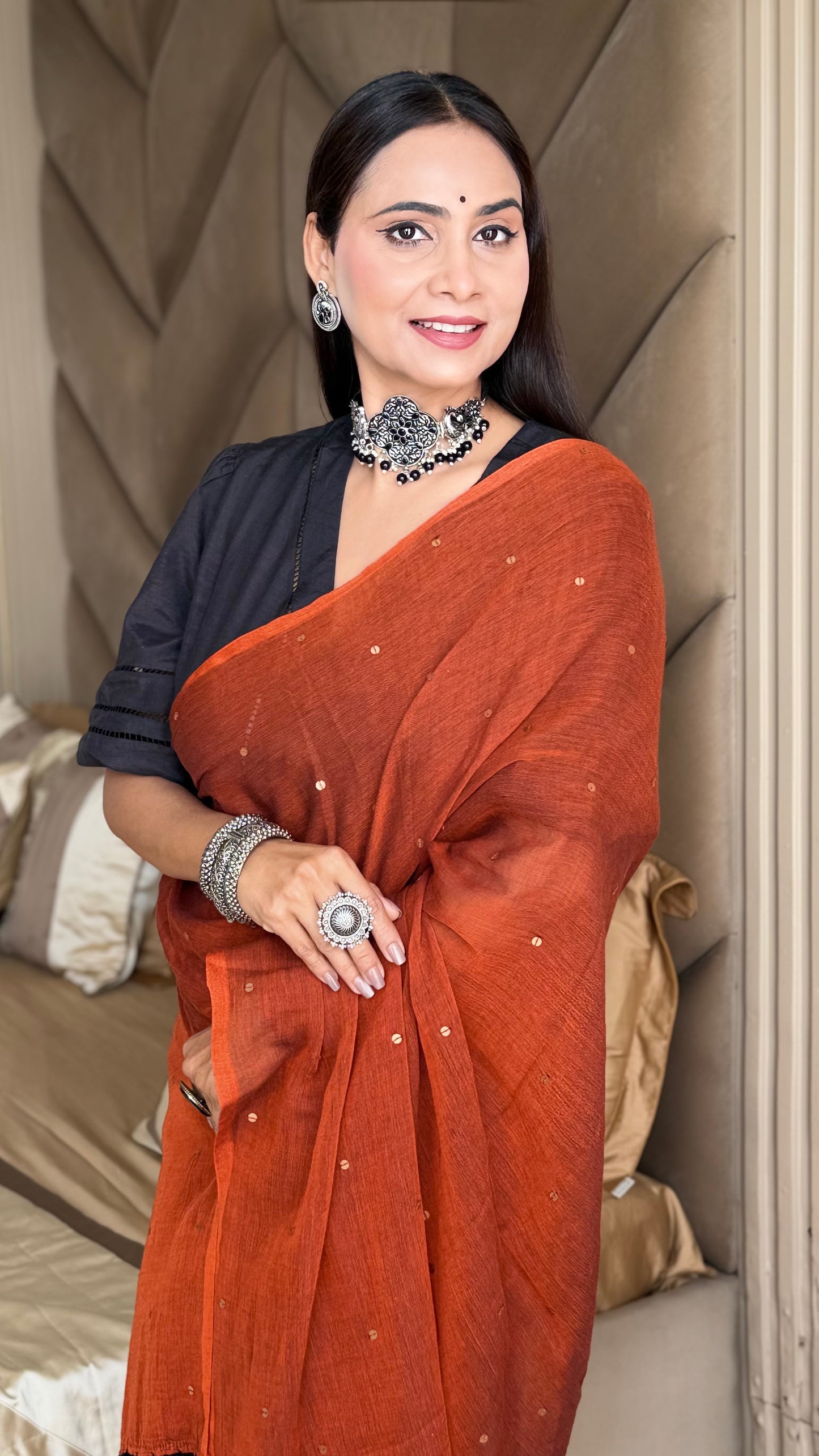 Rust Mulmul cotton Sequin Saree with Tassels