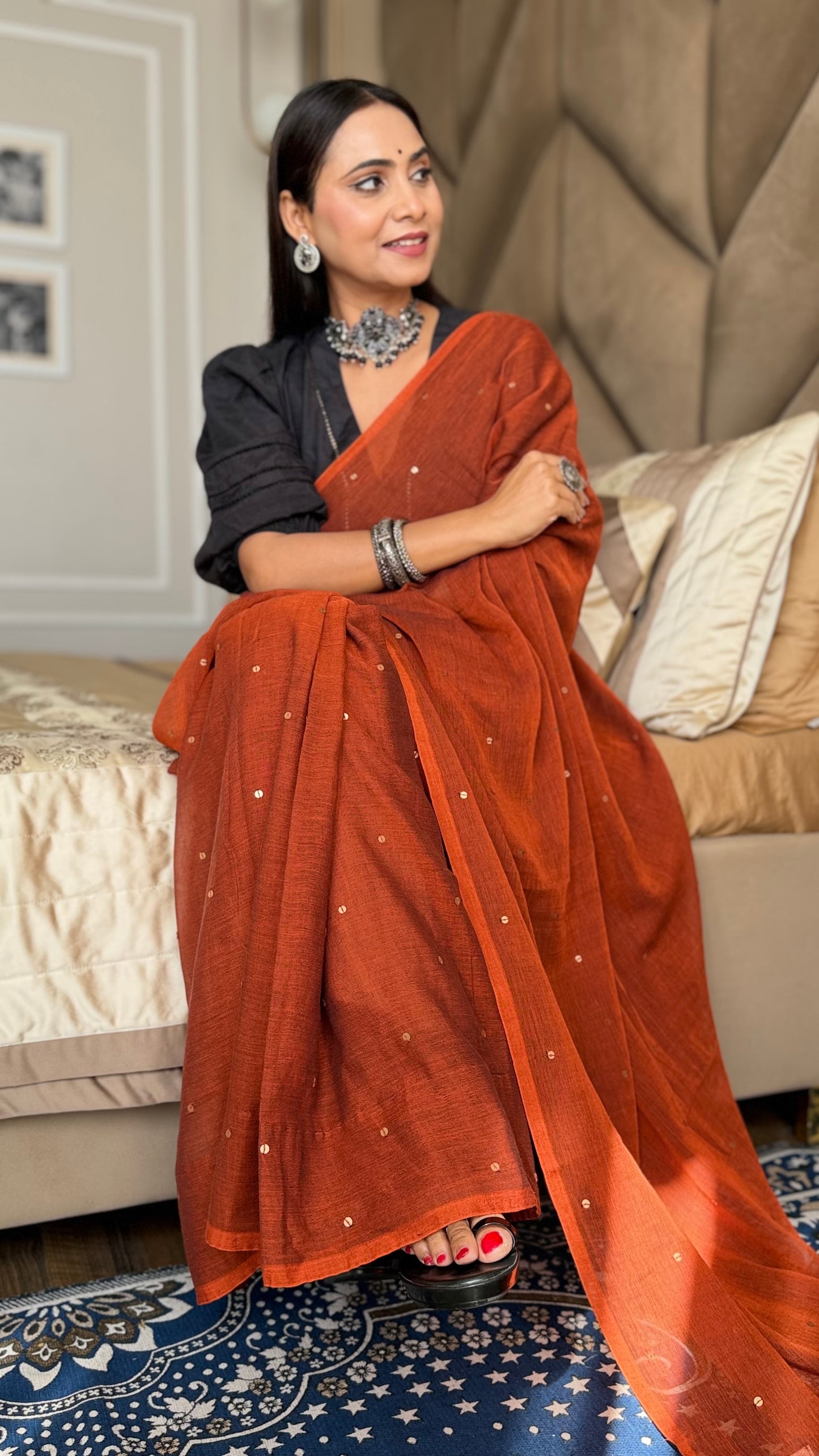 Rust Mulmul cotton Sequin Saree with Tassels