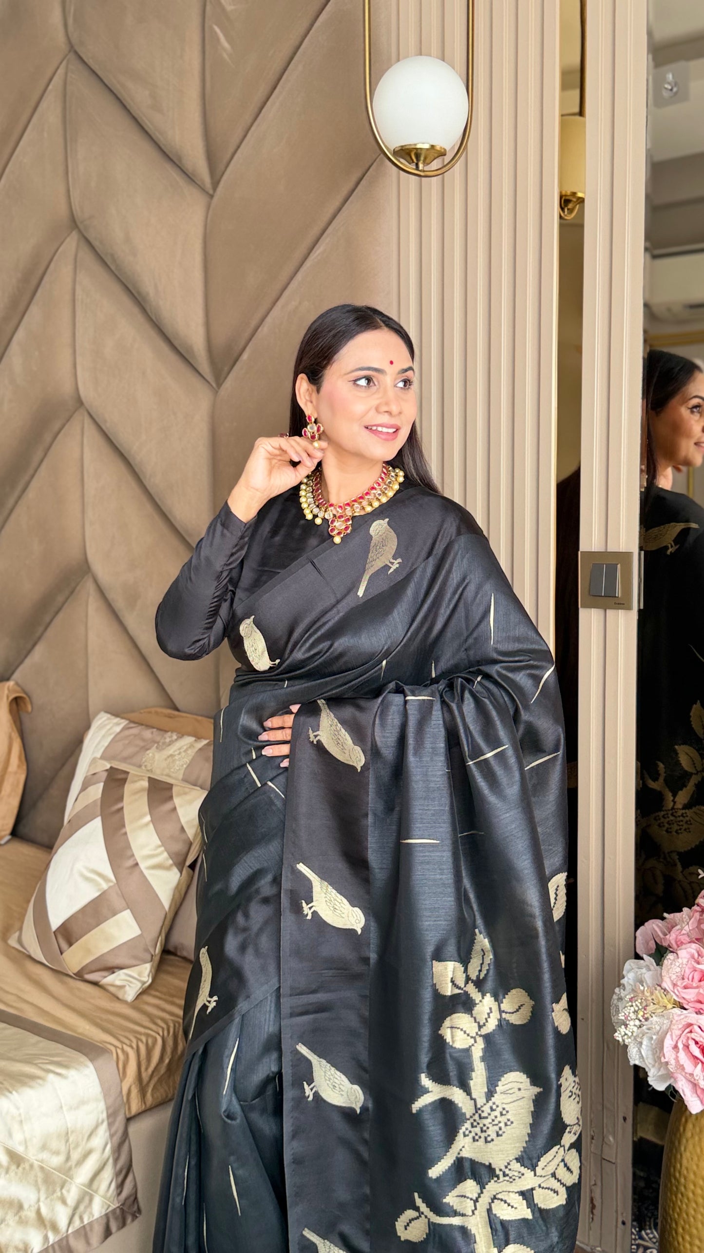Jet Black Semi Tussar Silk Saree with Satin Border & Chidya Design
