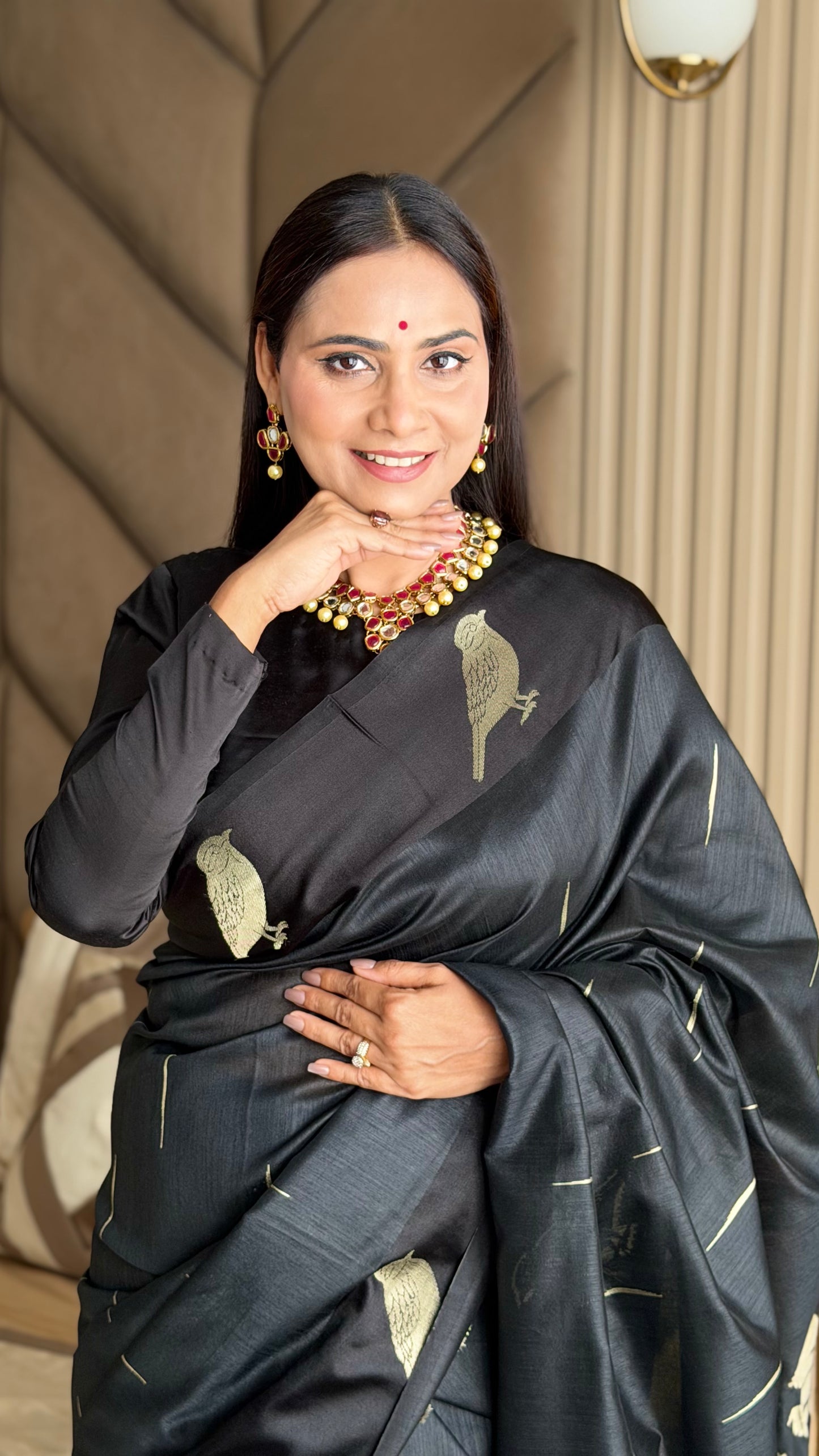 Jet Black Semi Tussar Silk Saree with Satin Border & Chidya Design