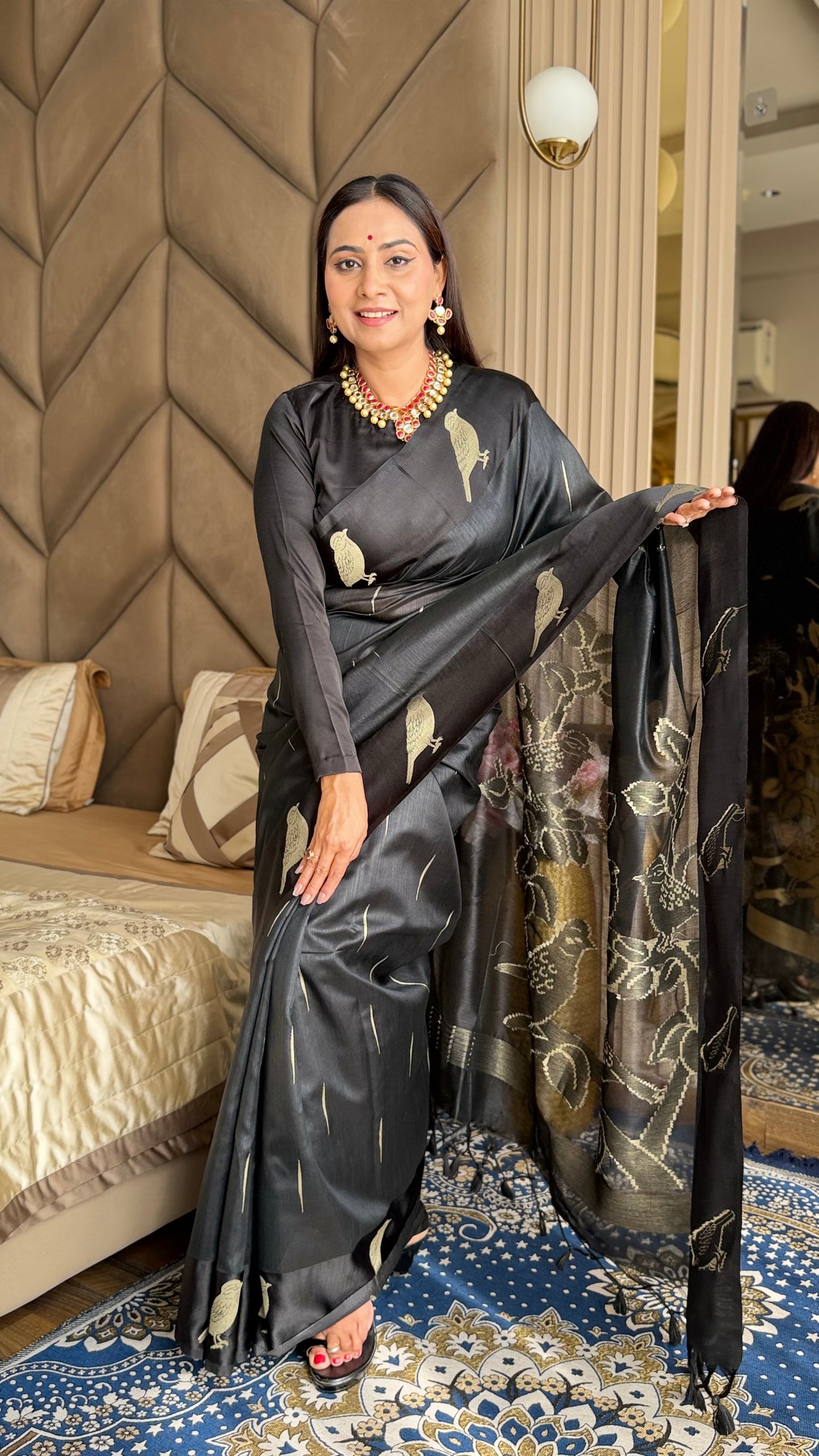 Jet Black Semi Tussar Silk Saree with Satin Border & Chidya Design