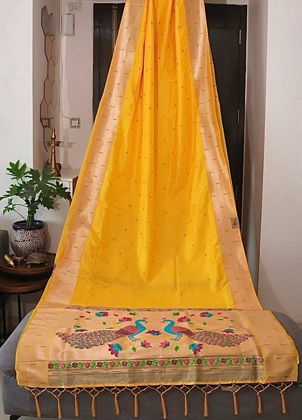 Sunshine Yellow Kanjivaram Silk blend Paithani Saree with unstitched blouse