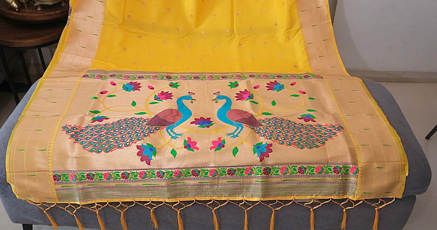 Sunshine Yellow Kanjivaram Silk blend Paithani Saree with unstitched blouse