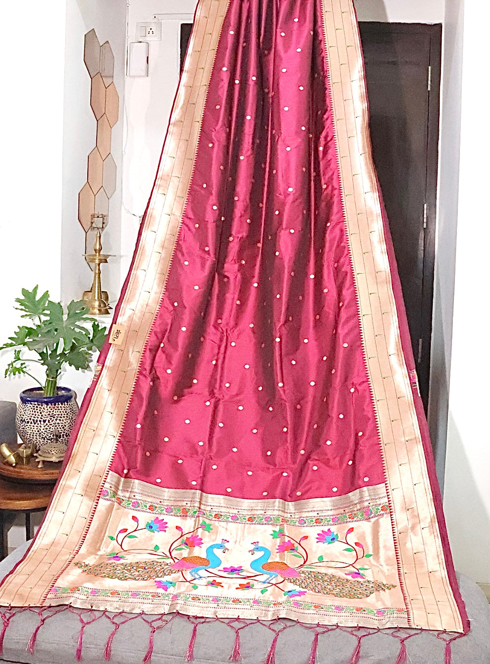 Wine Maroon Kanjivaram Silk blend Paithani Saree with unstitched blouse