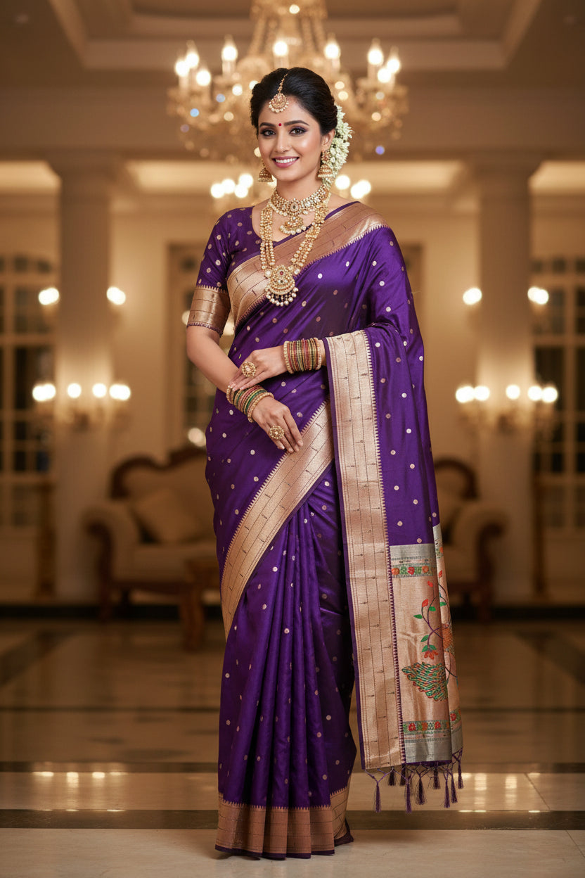 Royal Purple Kanjivaram Silk blend Paithani Saree with unstitched blouse