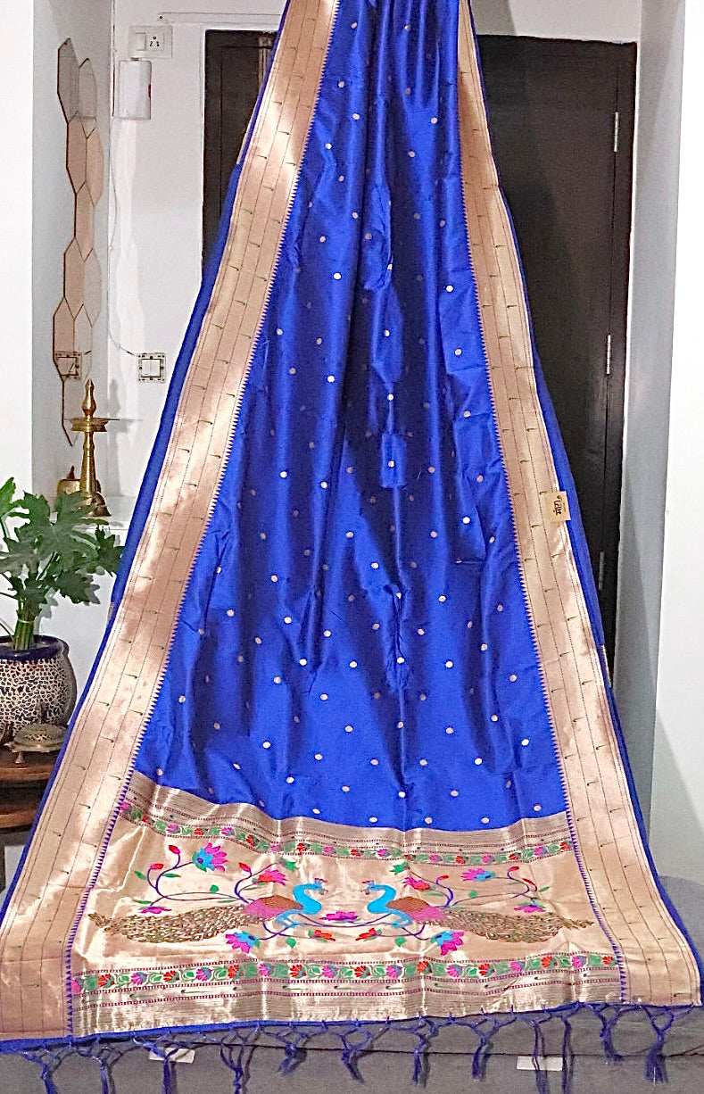 Royal Blue Kanjivaram Silk blend Paithani Saree with unstitched blouse