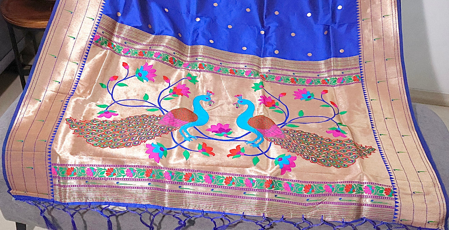 Royal Blue Kanjivaram Silk blend Paithani Saree with unstitched blouse