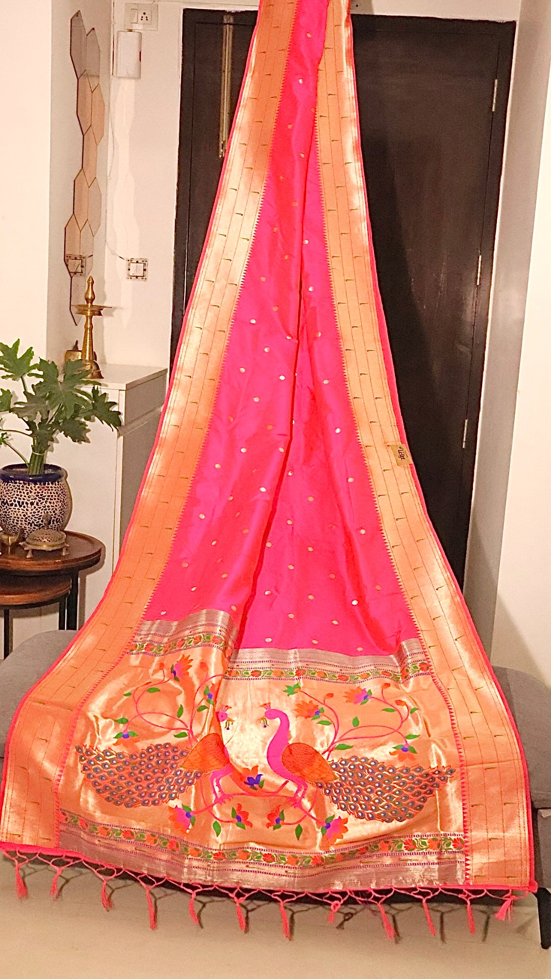 Rani Pink Kanjivaram Silk blend Paithani Saree with unstitched blouse