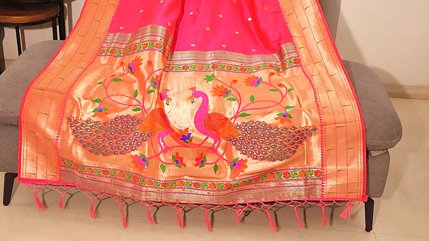 Rani Pink Kanjivaram Silk blend Paithani Saree with unstitched blouse