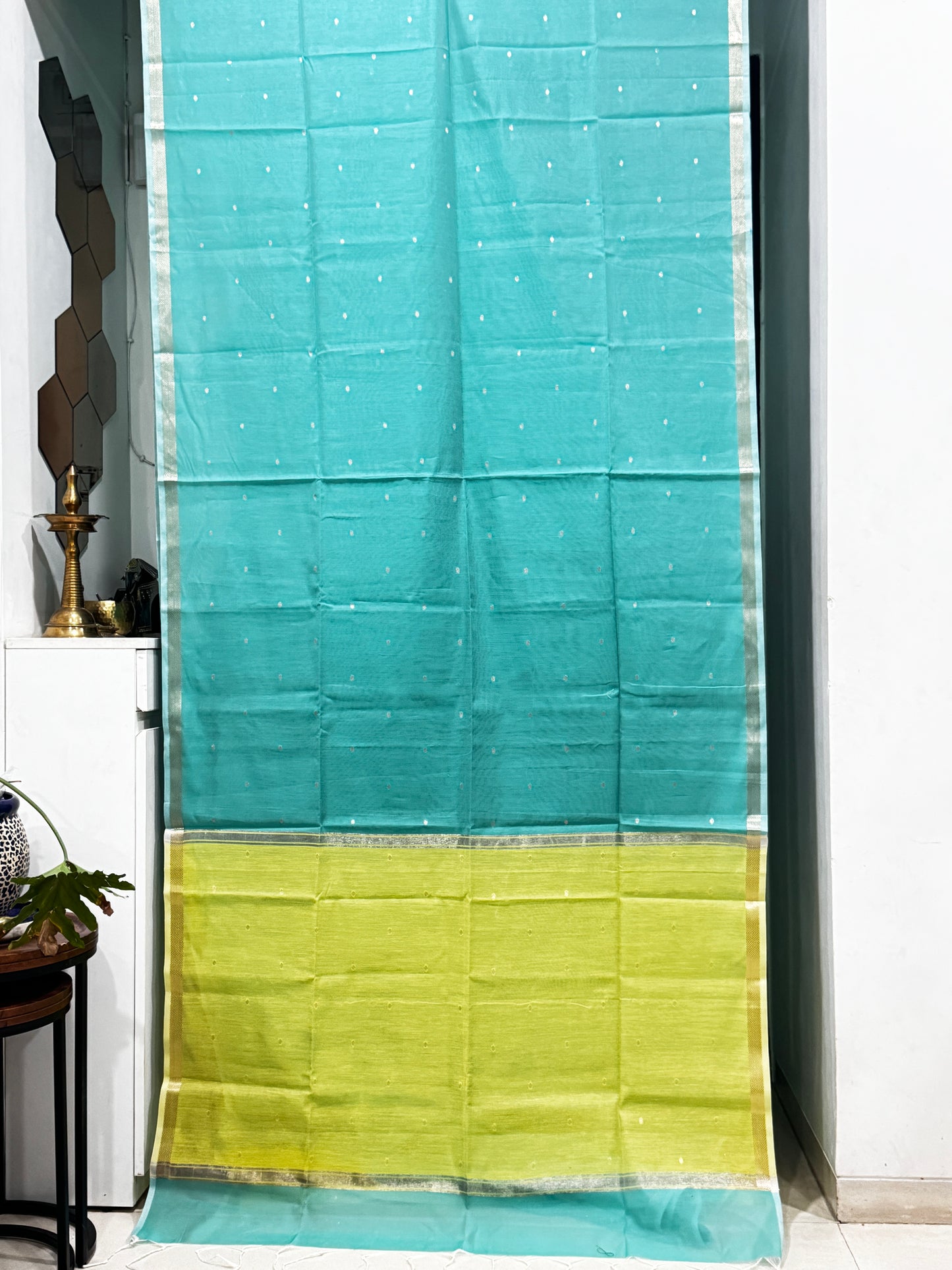 Aqua Blue & Lemon Yellow Contrast Maheshwari Saree