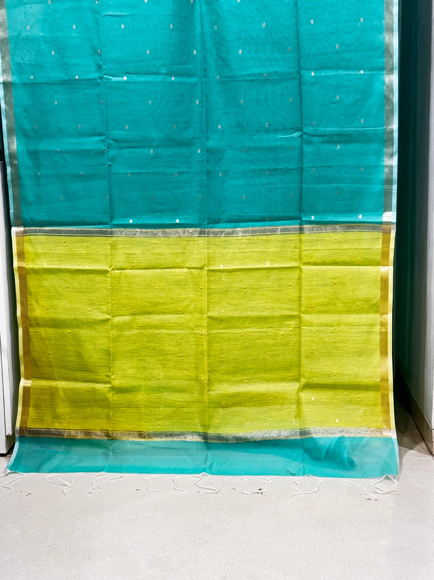 Aqua Blue & Lemon Yellow Contrast Maheshwari Saree