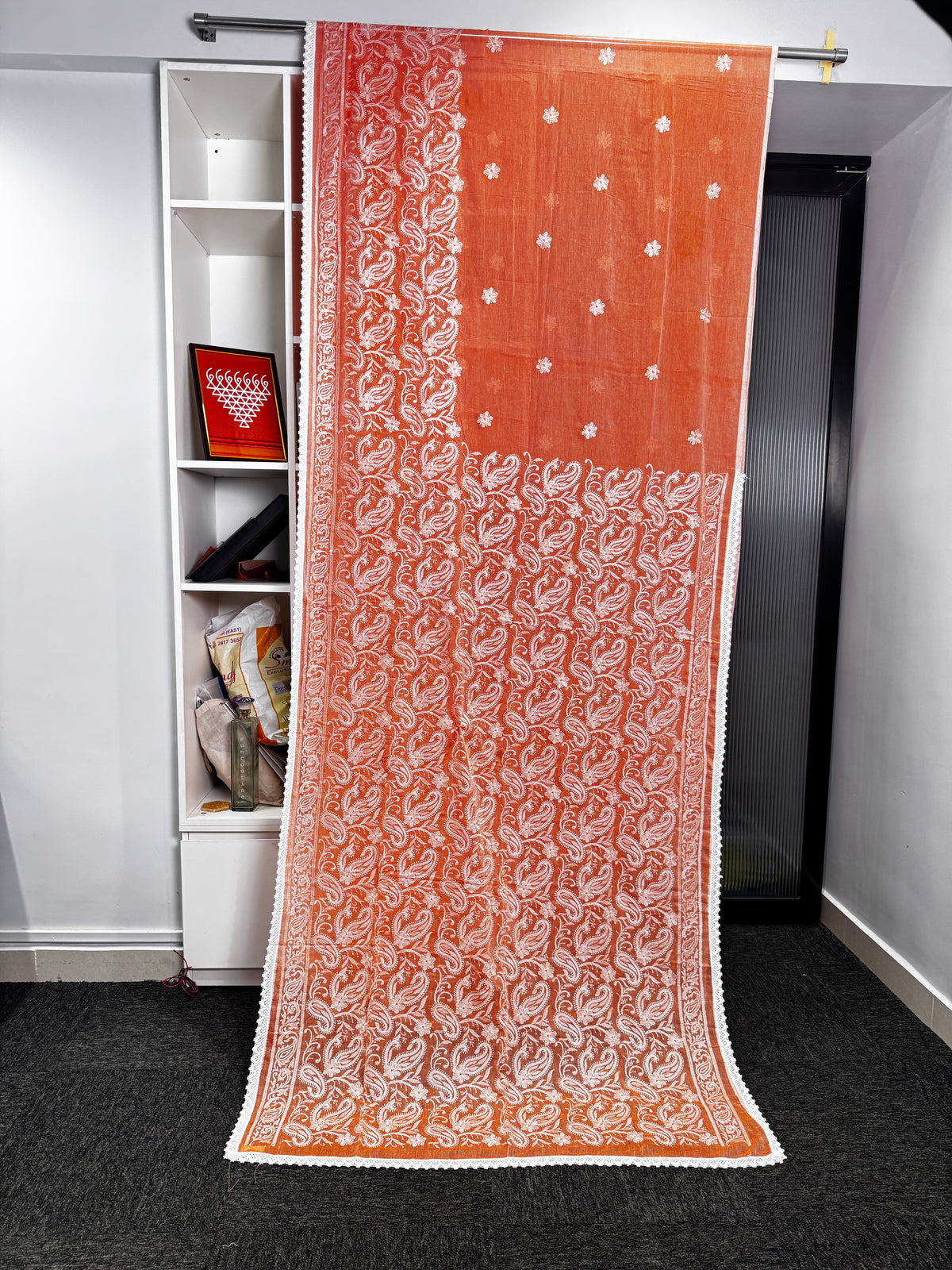 Burnt Orange Chikankari Mulmul Saree