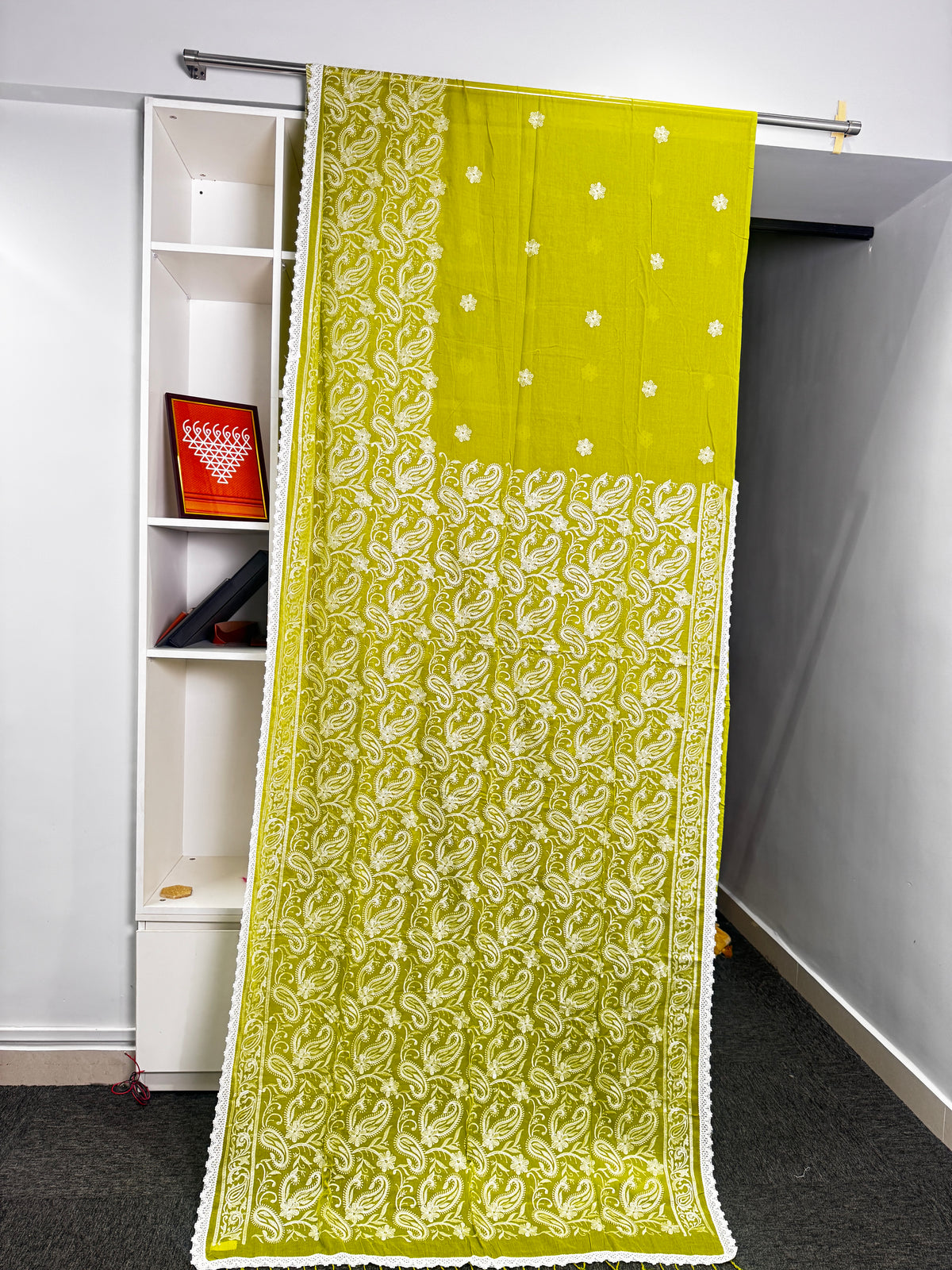 Parrot Green Chikankari Mulmul Saree